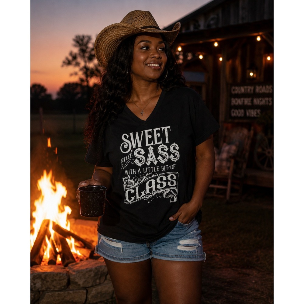 Bella Canvas Sweet and Sass With a‎ Little Bit of Class Black V-Neck T-Shirt L